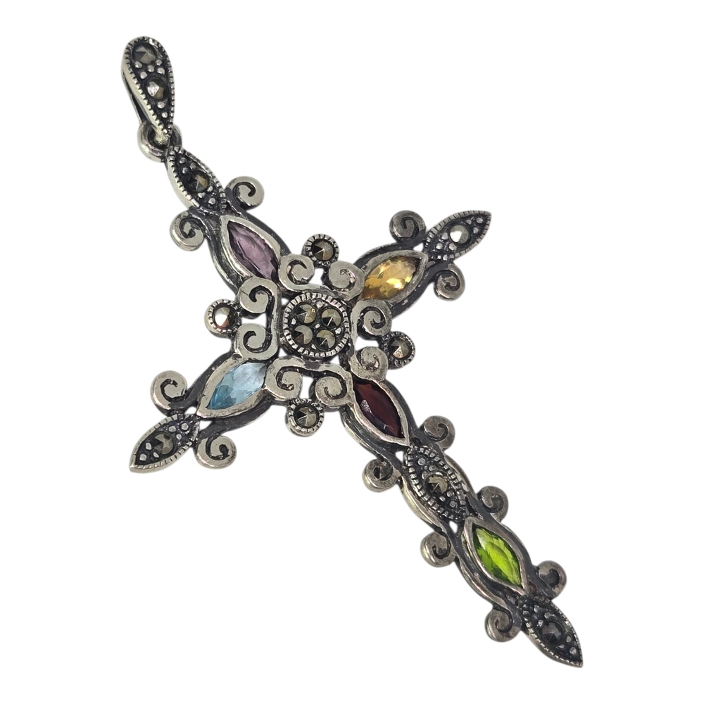 Multi-Color Gemstone Marcasite Filegree Cross Pendant